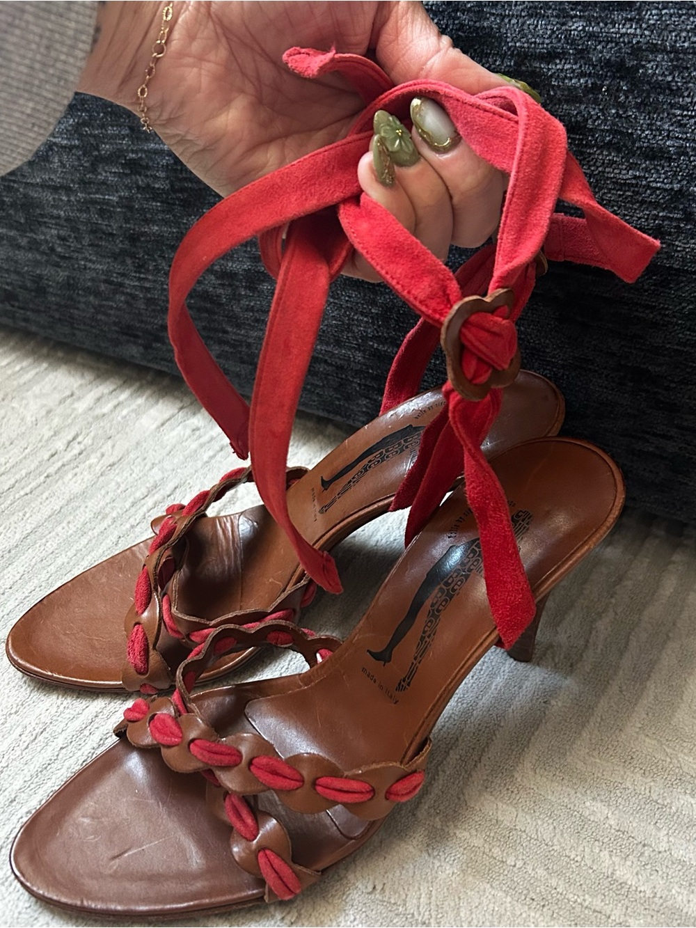 Belle by Sigerson Morrison Red Suede Wrap-Heel Sandals with Brown Footbed